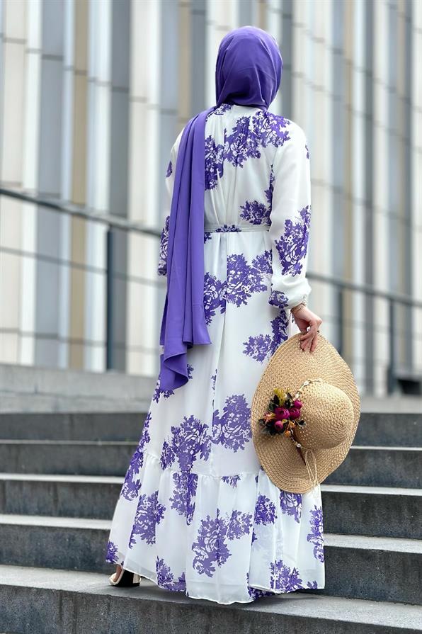 Ebru Patterned Lining Chiffon Dress-Purple