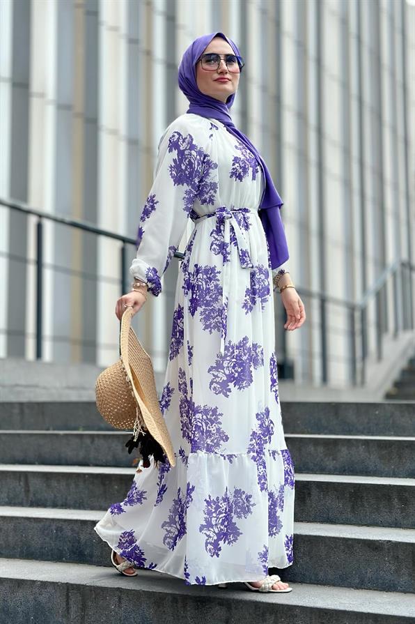 Ebru Patterned Lining Chiffon Dress-Purple
