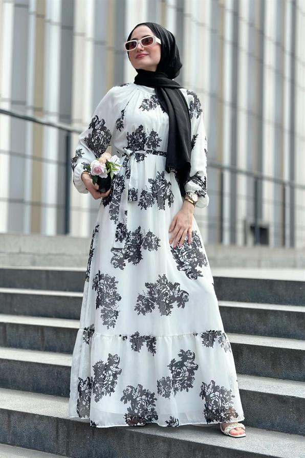 Ebru Patterned Lining Chiffon Dress-Black