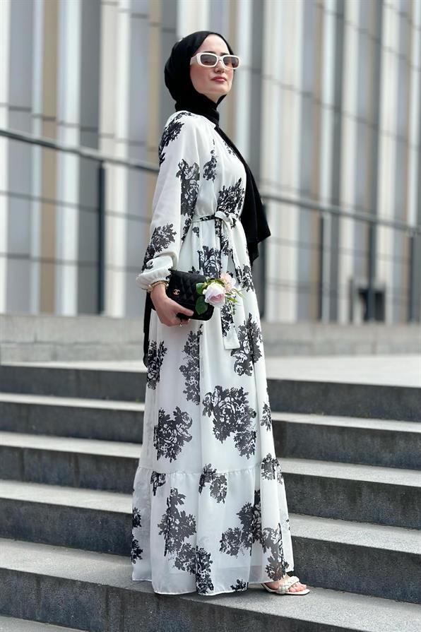 Ebru Patterned Lining Chiffon Dress-Black