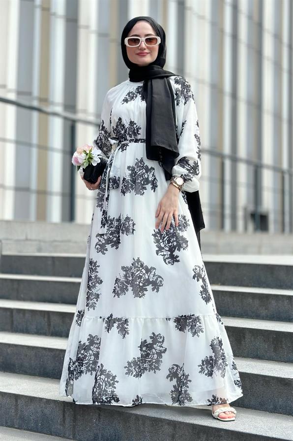 Ebru Patterned Lining Chiffon Dress-Black