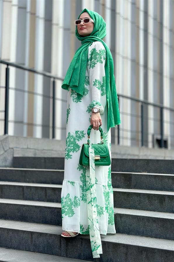 Ebru Patterned Lining Chiffon Dress-Green