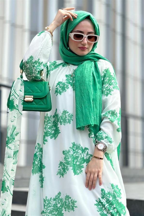 Ebru Patterned Lining Chiffon Dress-Green