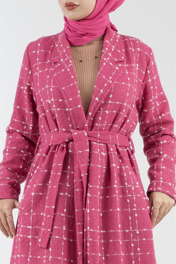 Ekoseli Şanel Kaşe Kaban-Pembe