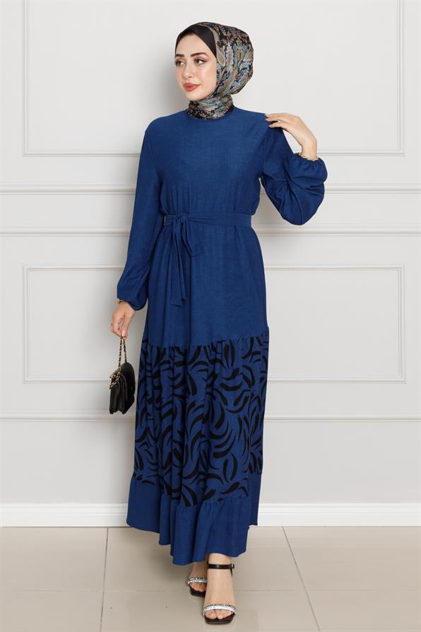 فستان كارين  منقوش- ازرق ساكس اللون