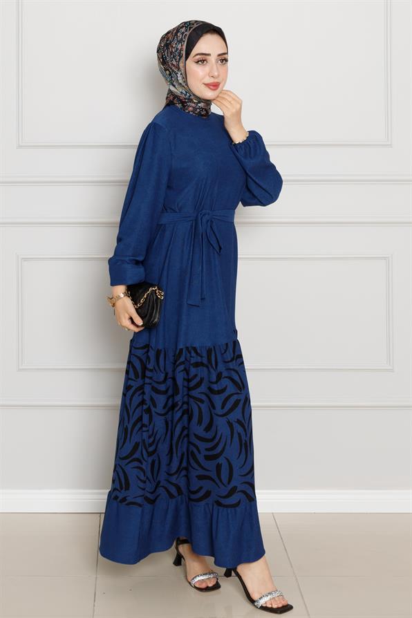 فستان كارين  منقوش- ازرق ساكس اللون