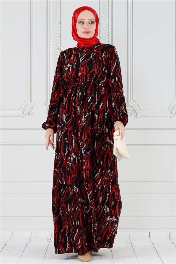 Viscon dress with waist belt -Red 