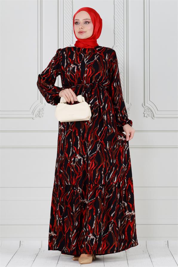 Viscon dress with waist belt -Red 