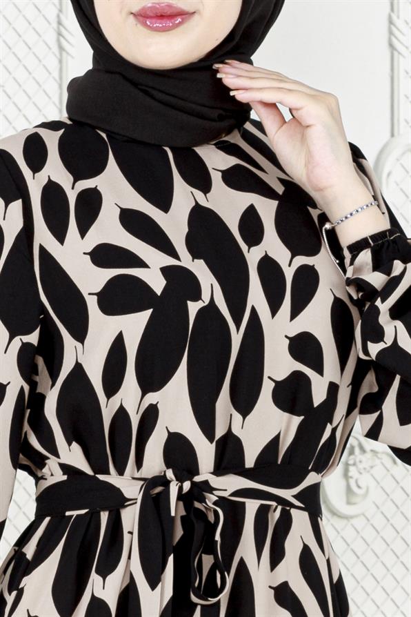 Viscon dress with leaf pattern - beige color