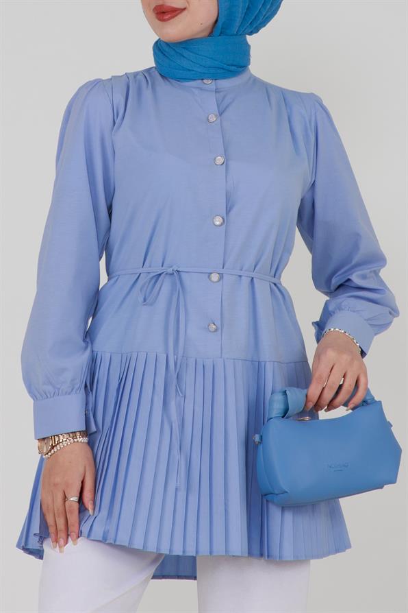 Tunic-Bleu light  with  folds and buttons in the front