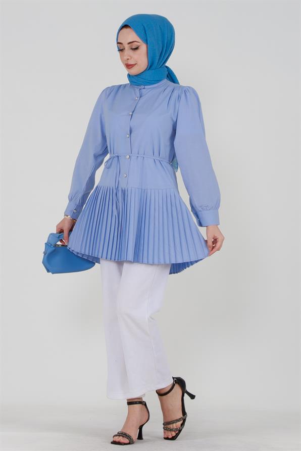 Tunic-Bleu light  with  folds and buttons in the front