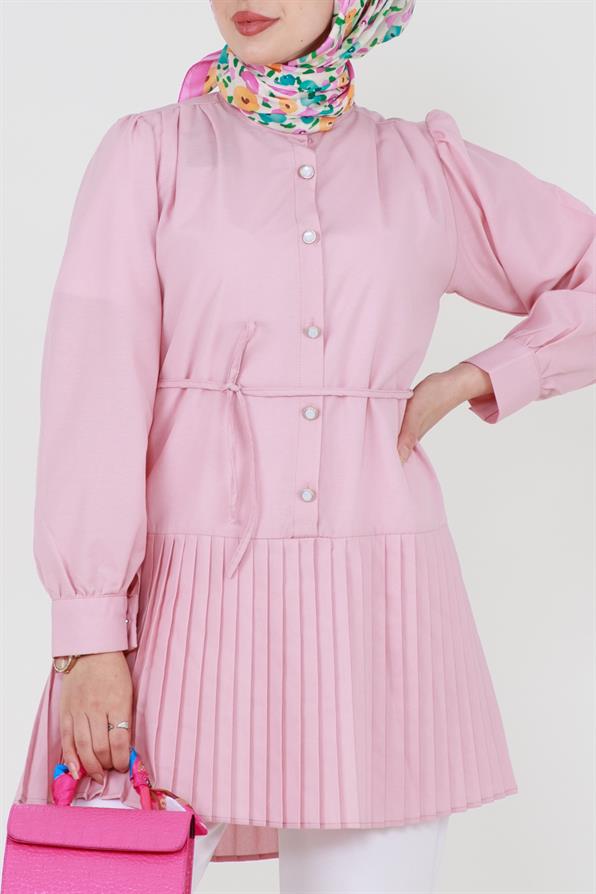 Pink tunic with pleats at the bottom and buttons in the front