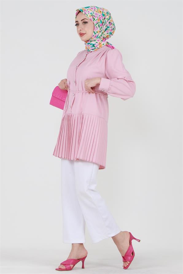 Pink tunic with pleats at the bottom and buttons in the front