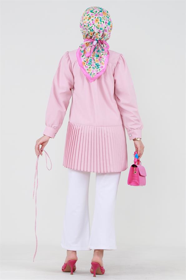 Pink tunic with pleats at the bottom and buttons in the front