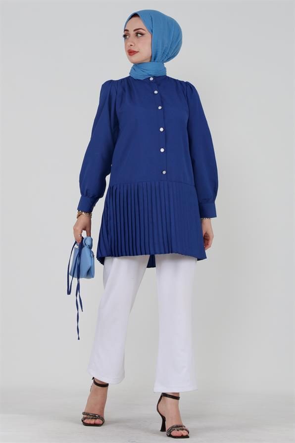 Pleated Skirt Buttoned Front Tunic-Sax Blue