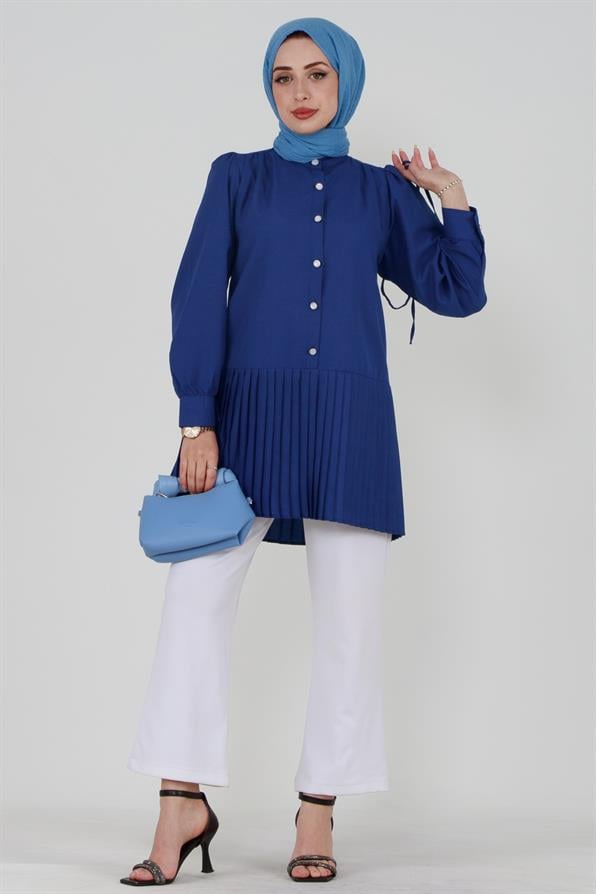 Pleated Skirt Buttoned Front Tunic-Sax Blue