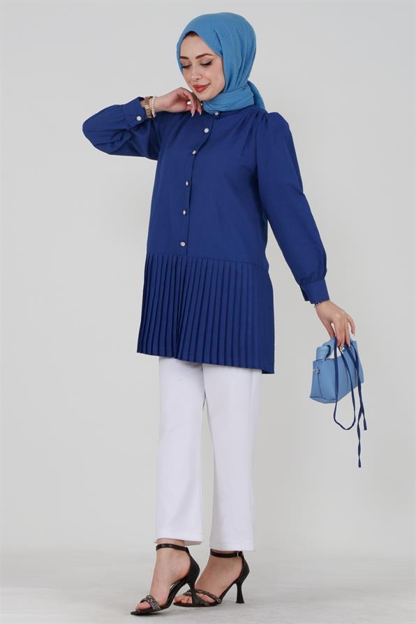 Pleated Skirt Buttoned Front Tunic-Sax Blue