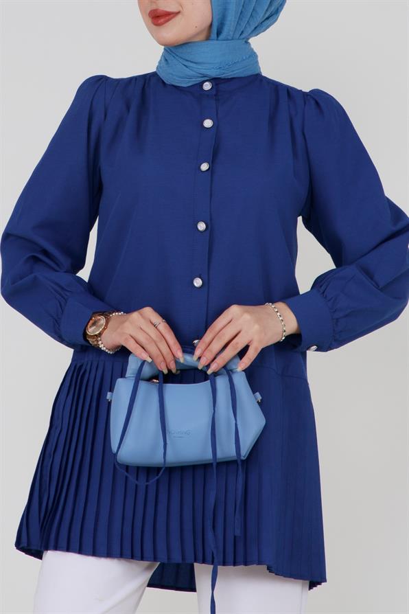 Pleated Skirt Buttoned Front Tunic-Sax Blue