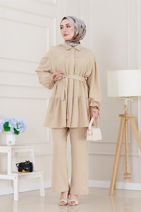 Eteği Volanlı Tunik Takım-Bej