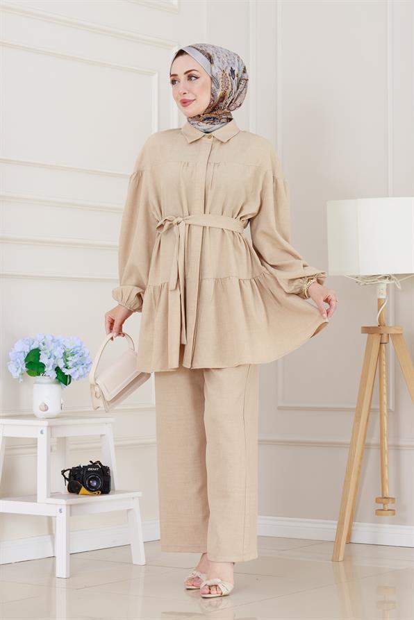 Eteği Volanlı Tunik Takım-Bej