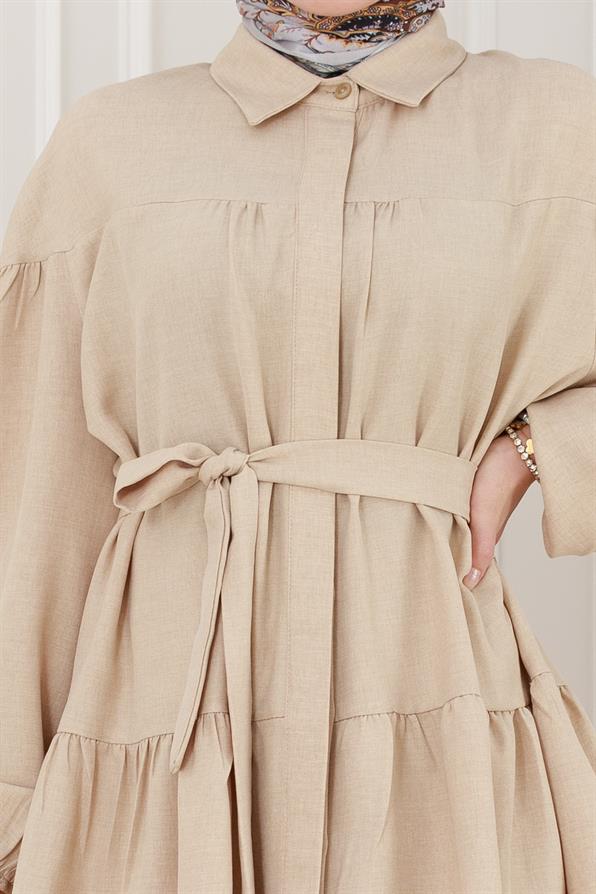 Eteği Volanlı Tunik Takım-Bej