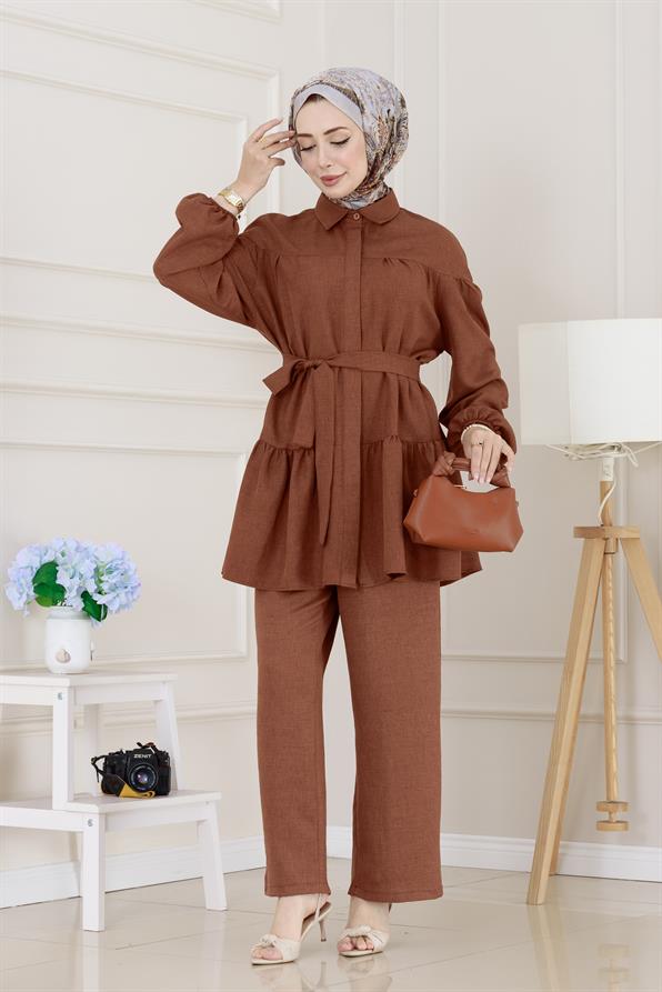 Eteği Volanlı Tunik Takım-Kahverengi