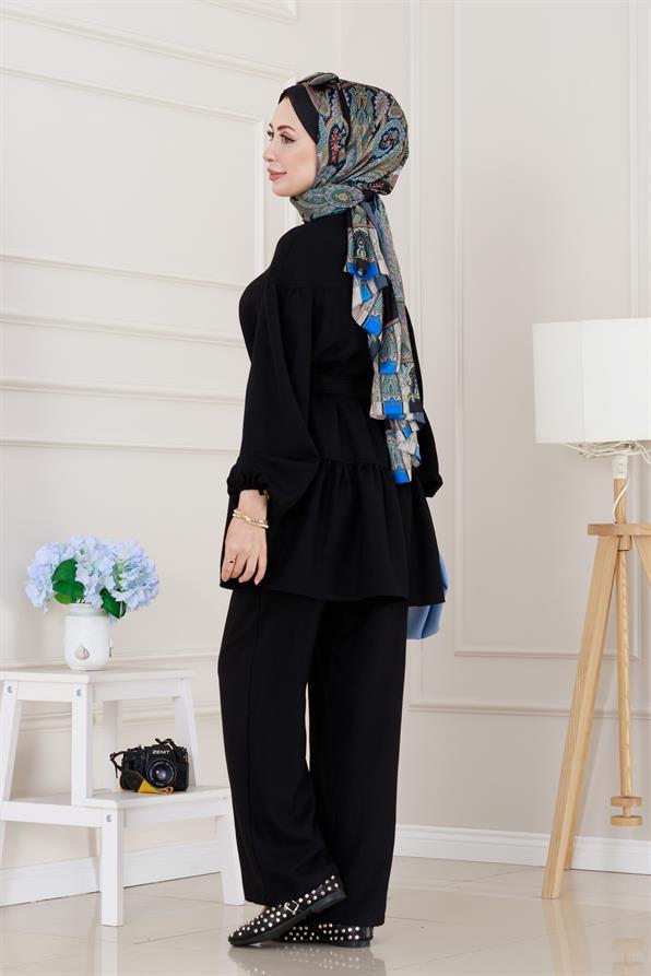 Eteği Volanlı Tunik Takım-Siyah