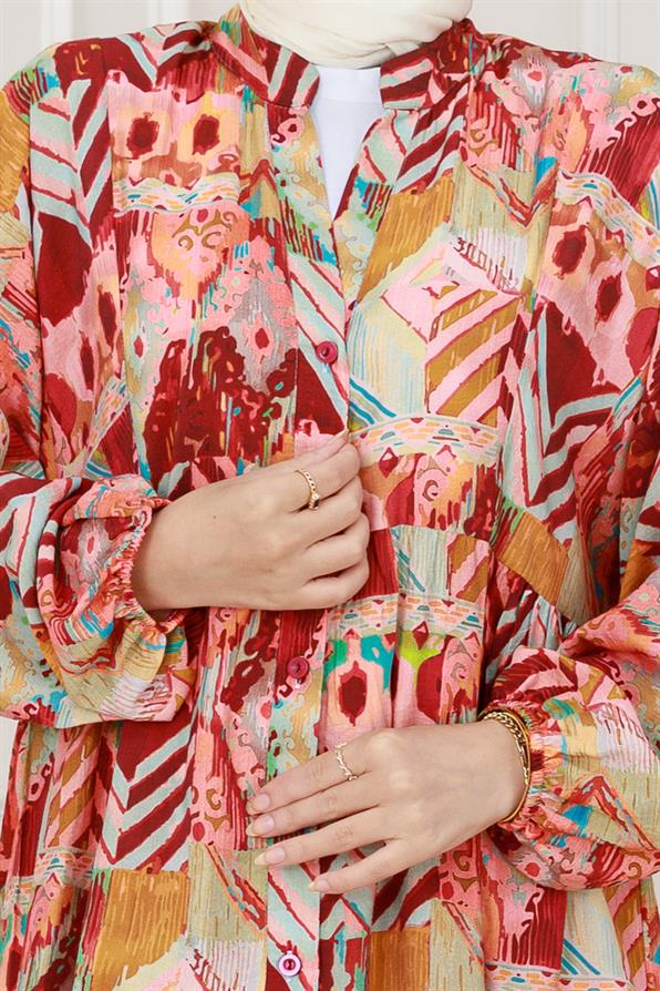 Etnik Desen Robalı Elbise-Bordo