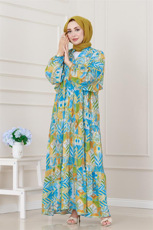 Etnik Desen Robalı Elbise-Mavi