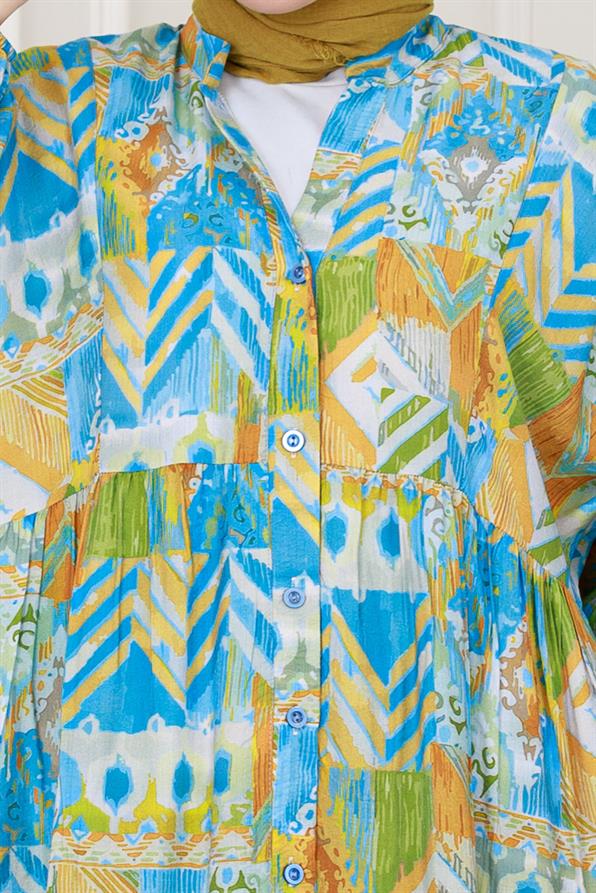 Etnik Desen Robalı Elbise-Mavi