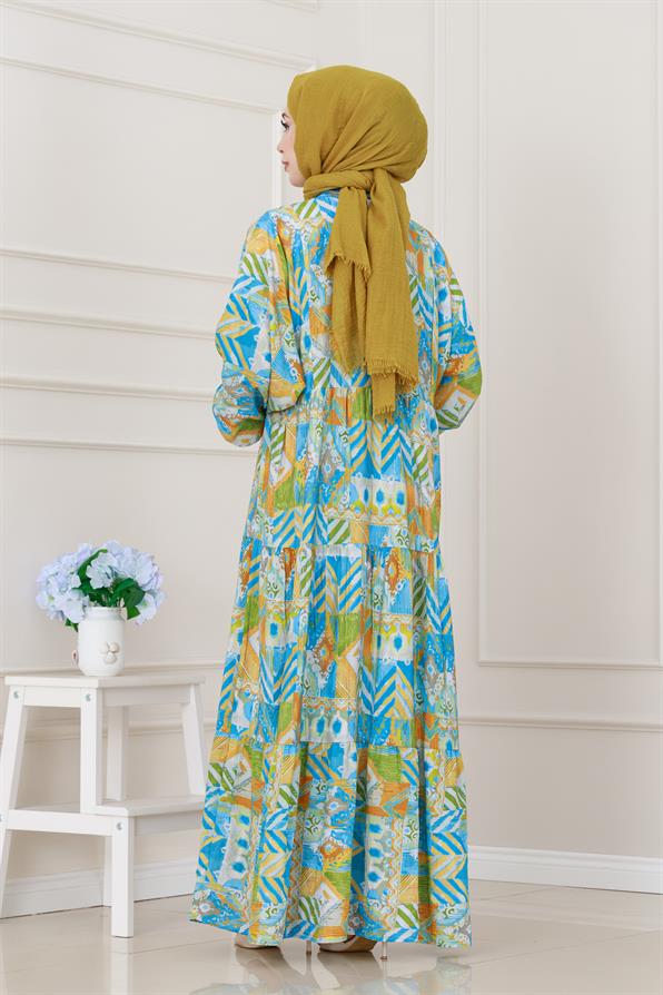 Etnik Desen Robalı Elbise-Mavi
