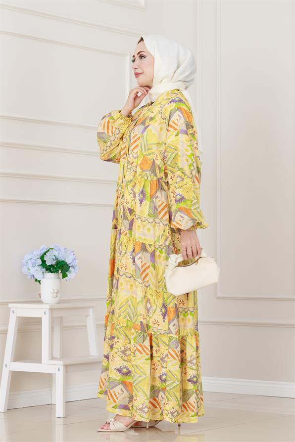 Etnik Desen Robalı Elbise-Sarı