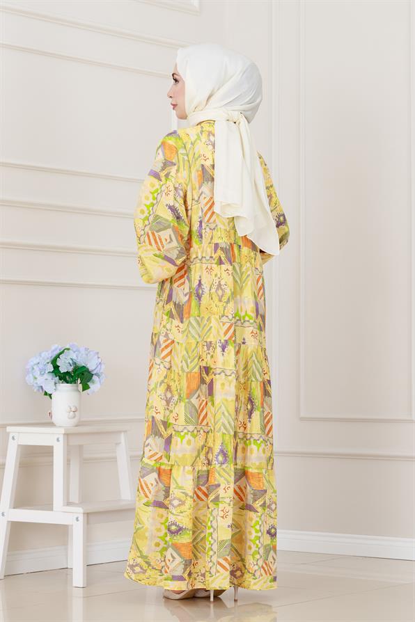 Etnik Desen Robalı Elbise-Sarı
