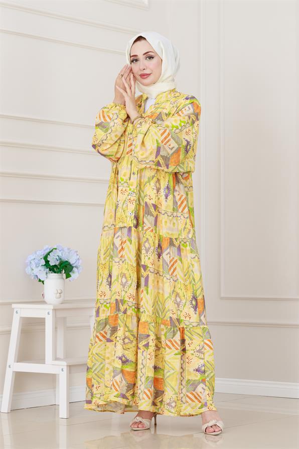 Etnik Desen Robalı Elbise-Sarı