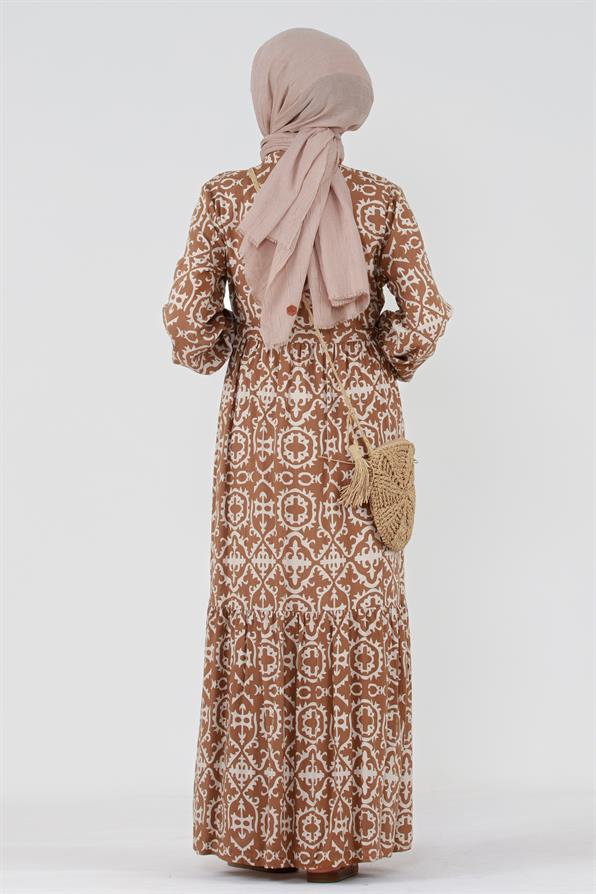 Ethnic Patterned Belted Viscose Dress - Mink