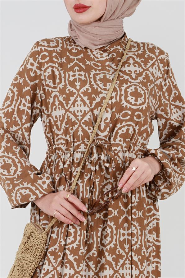 Ethnic Patterned Belted Viscose Dress - Mink