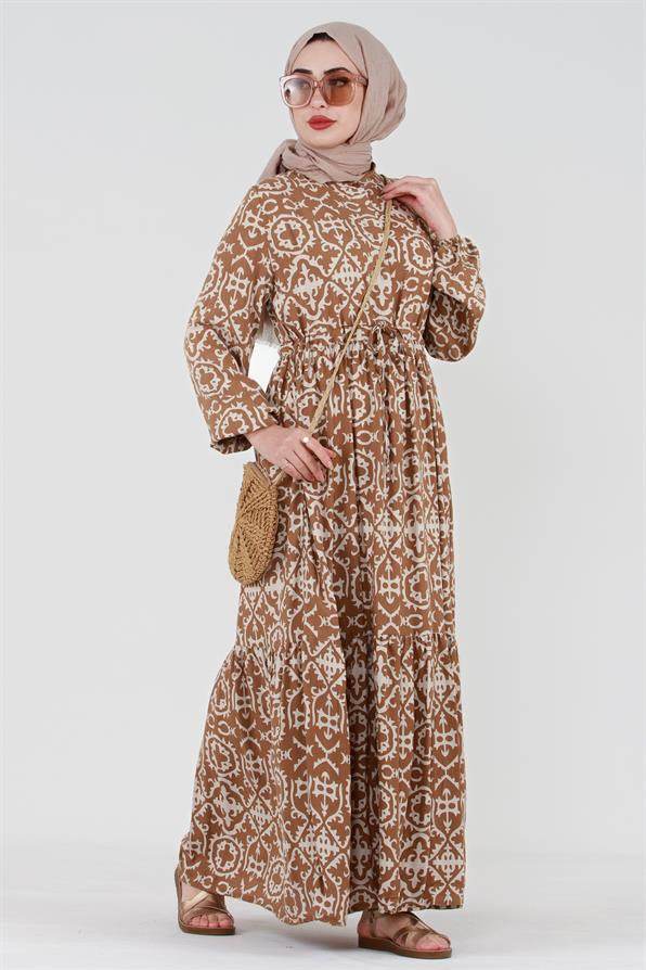 Ethnic Patterned Belted Viscose Dress - Mink