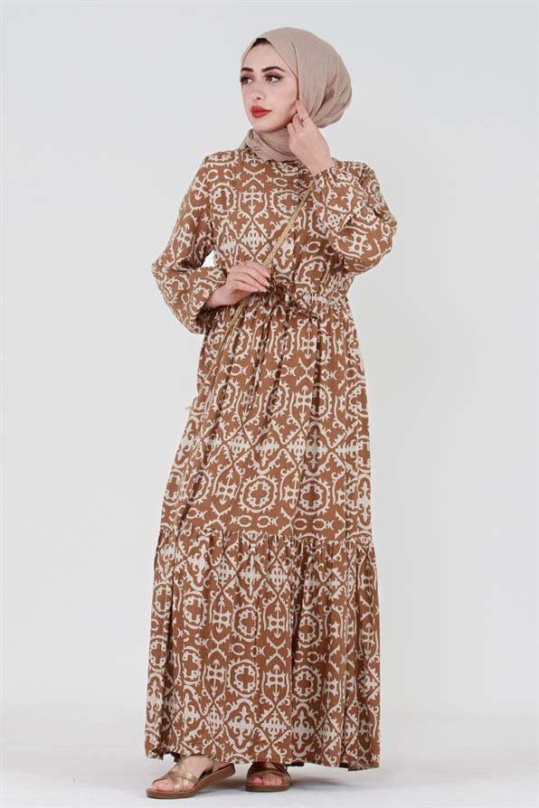 Ethnic Patterned Belted Viscose Dress - Mink
