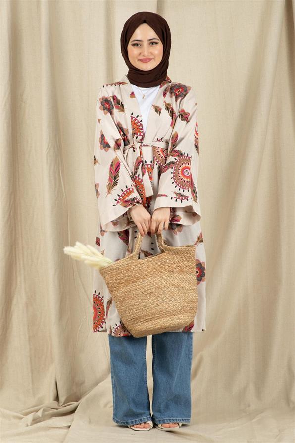 Sumerian Design Linen Kimono-Fuchsia color