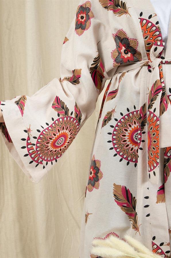 Sumerian Design Linen Kimono-Fuchsia color