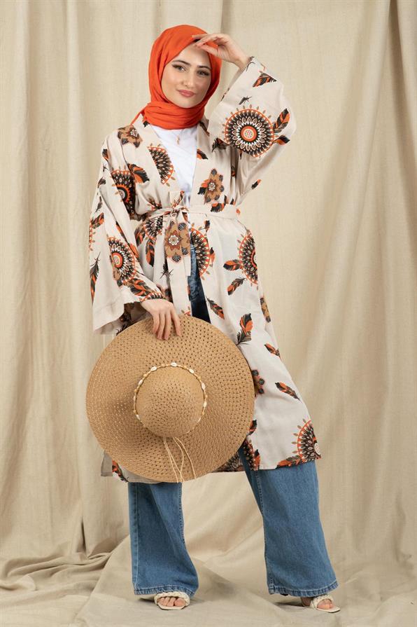 Etnik Desenli Kimono-Turuncu