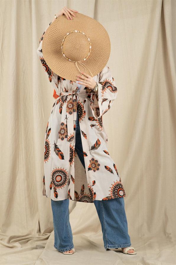 Etnik Desenli Kimono-Turuncu