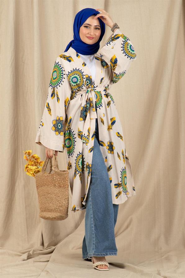 Sumerian Desing Linen Kimono-Green