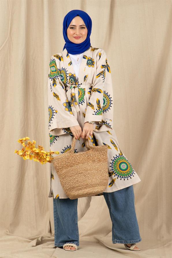 Sumerian Desing Linen Kimono-Green