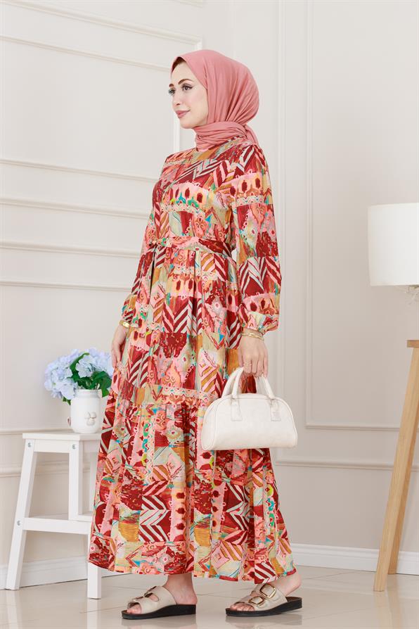 Etnik Desenli Kuşaklı Prenses Elbise-Bordo