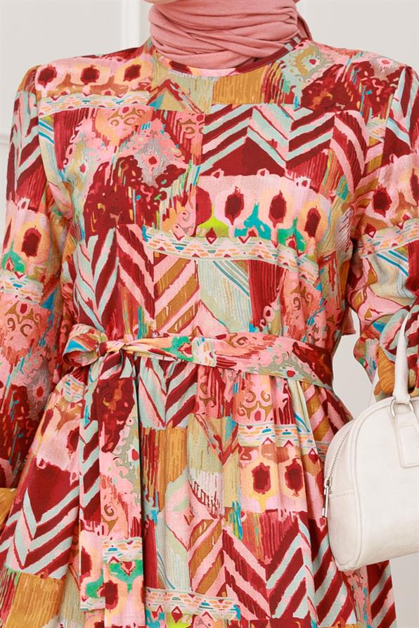 Etnik Desenli Kuşaklı Prenses Elbise-Bordo