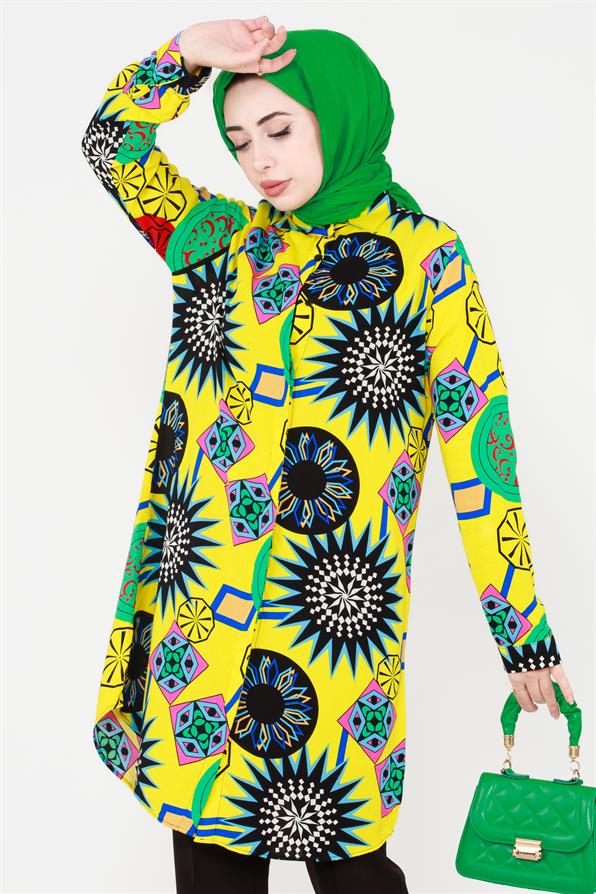 Ethnic Patterned Viscose Tunic - Yellow