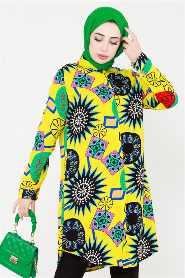 Ethnic Patterned Viscose Tunic - Yellow