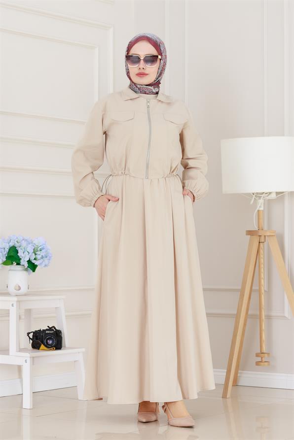 Fermuarlı Cepkenli Jile Elbise-Bej