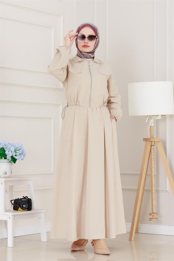 Fermuarlı Cepkenli Jile Elbise-Bej
